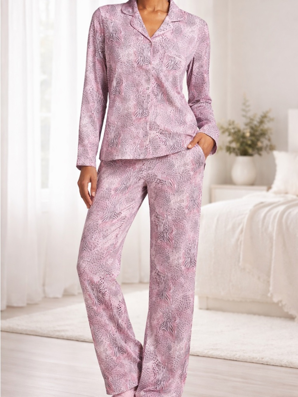 SKIMS Pink Animal Print Pajama Set Modal Soft Button Down Sleepwear XS